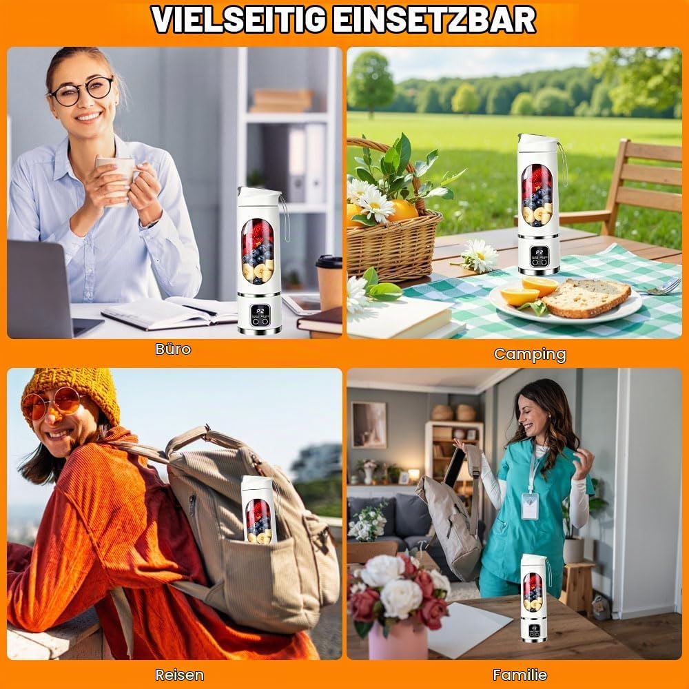 Tragbarer Mixer Smoothie Maker To Go, 450ML, LED Display | Portable Blender mit 12 Klingen für Shake