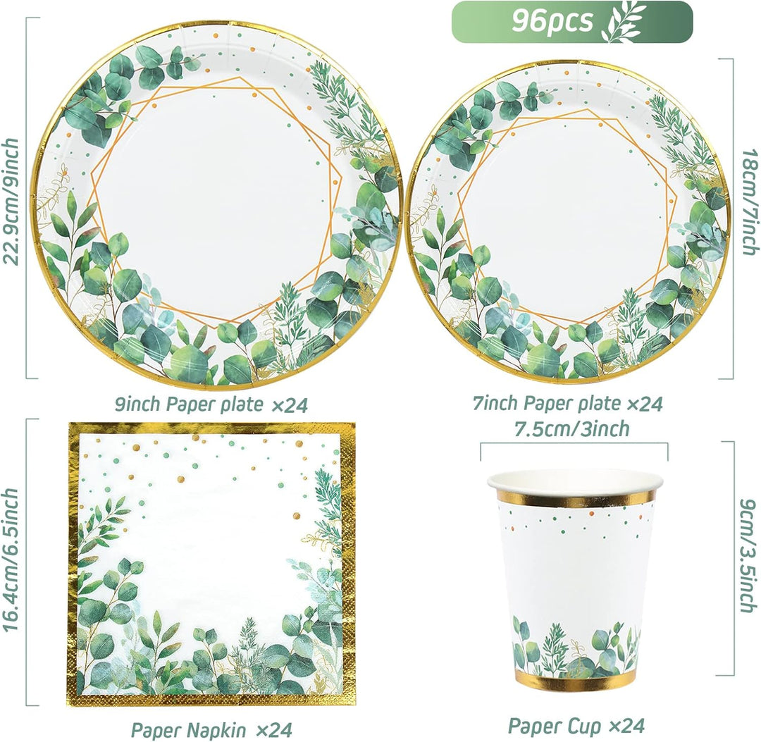 Grün Partygeschirr Set,96Pcs Green Gold Baby Shower Pappteller,Olive Grün Einwegteller Set mit Pappt