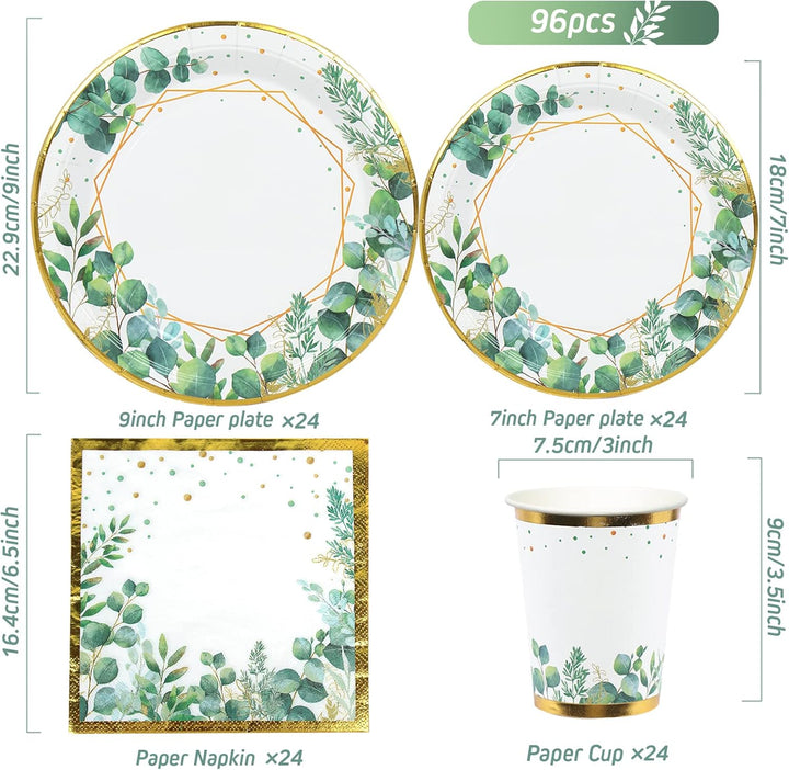 Grün Partygeschirr Set,96Pcs Green Gold Baby Shower Pappteller,Olive Grün Einwegteller Set mit Pappt