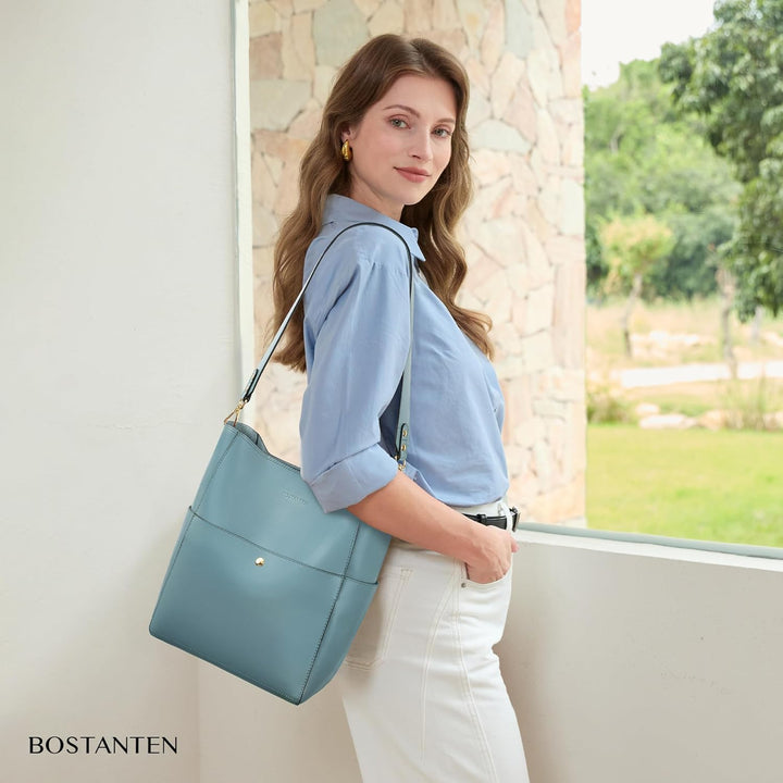 BOSTANTEN Leder Damen Handtasche Schultertasche Umhängetasche Designer Tasche Gross Hellblau, Hellbl