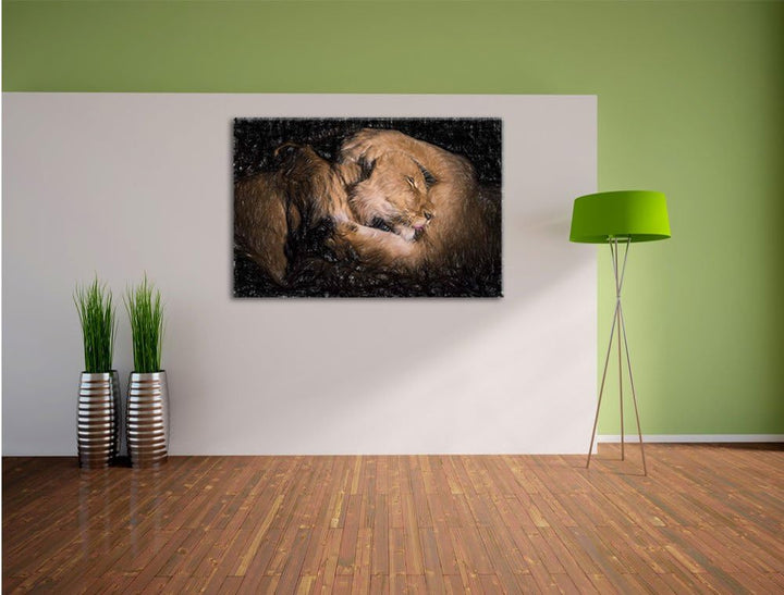 Pixxprint Männer & Frauen Löwe kuscheln als Leinwandbild/Grösse: 100x70 / Wandbild/Kunstdruck/fertig