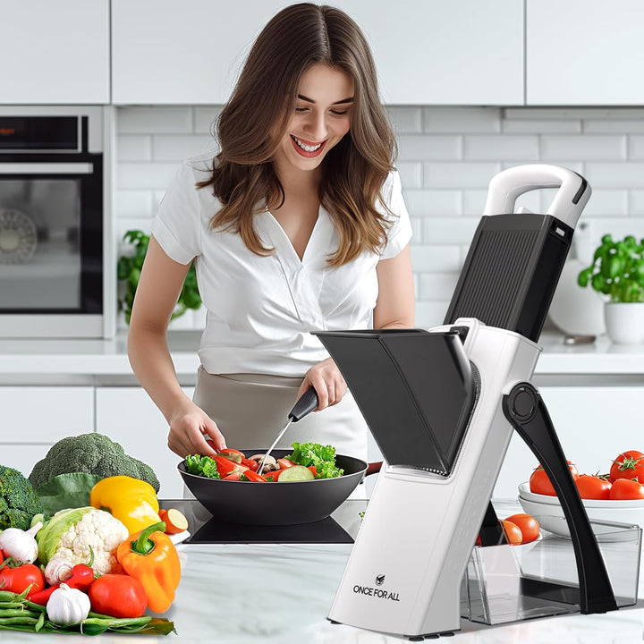 ONCE FOR ALL Upgrade Safe Mandoline Slicer Plus, grössere Grösse, verstellbarer Gemüse- und Lebensmi