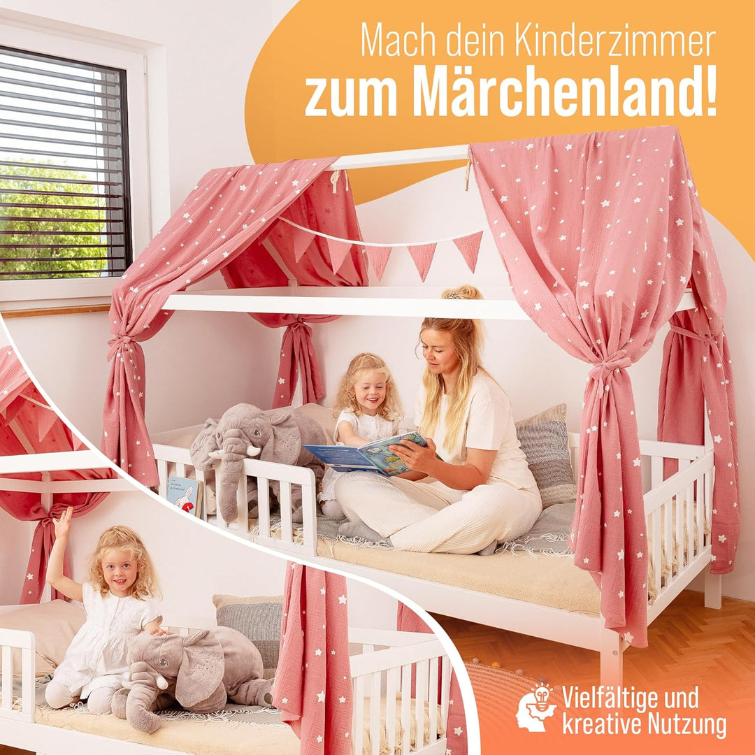 Luna & Leo Hausbett Himmel - mit Sternendruck [Bio Musselin Baumwolle] Handmade | Himmelbett Vorhäng