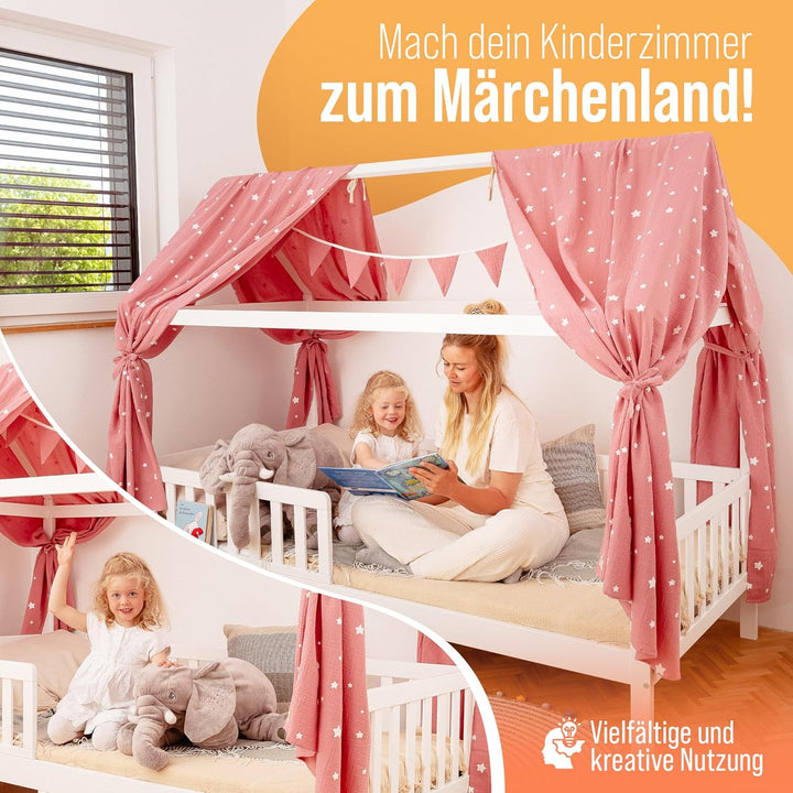 Luna & Leo Hausbett Himmel - mit Sternendruck [Bio Musselin Baumwolle] Handmade | Himmelbett Vorhäng