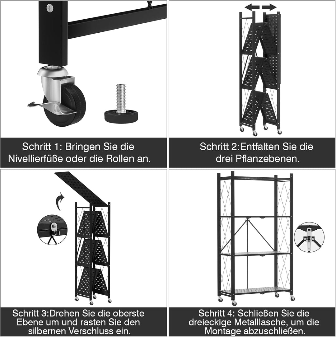 ALANNG Blumenständer mit Rädern, 4 Ablagen Stabiler Pflanzenständer, Metall Pflanzenregal Indoor Ein