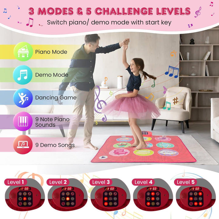 KOMFOTTEU Tanzteppich für Kinder ab 3 Jahren, Musikpad mit 5 Stufen, 9 Tastaturgeräuschen und 9 Demo