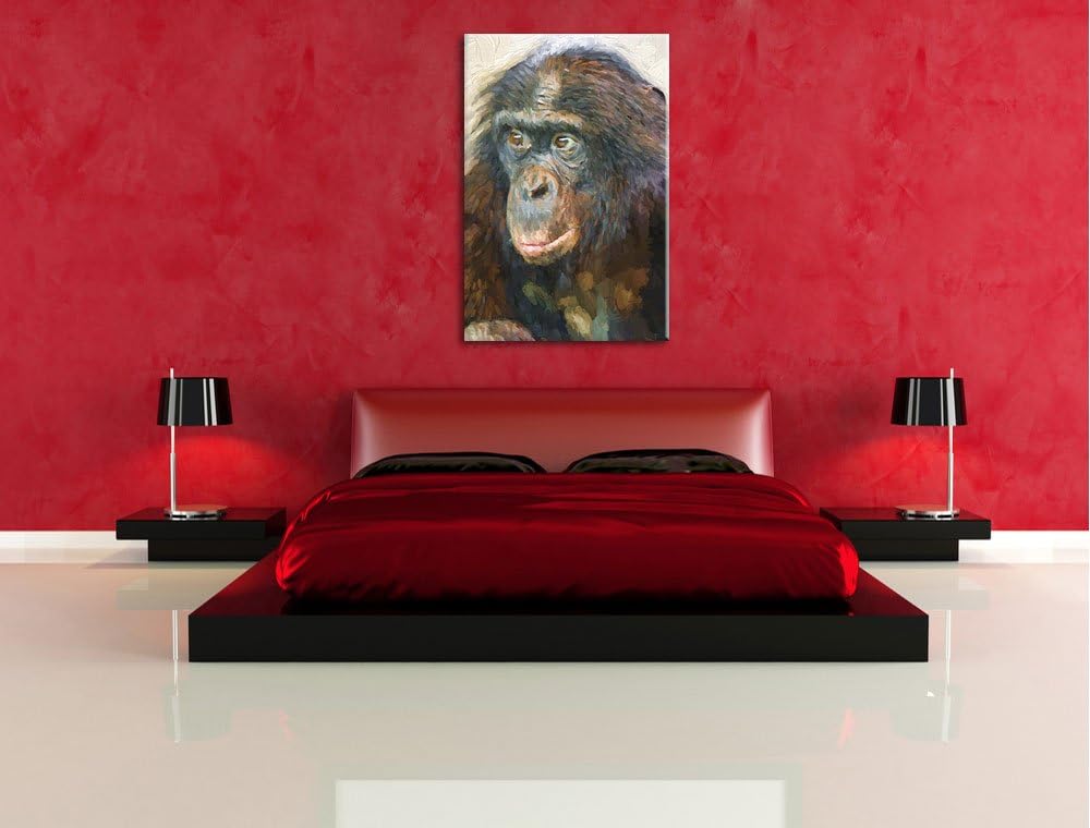 scheuer junger Gorilla Deluxe Format: 100x70 cm auf Leinwand, XXL riesige Bilder fertig gerahmt mit