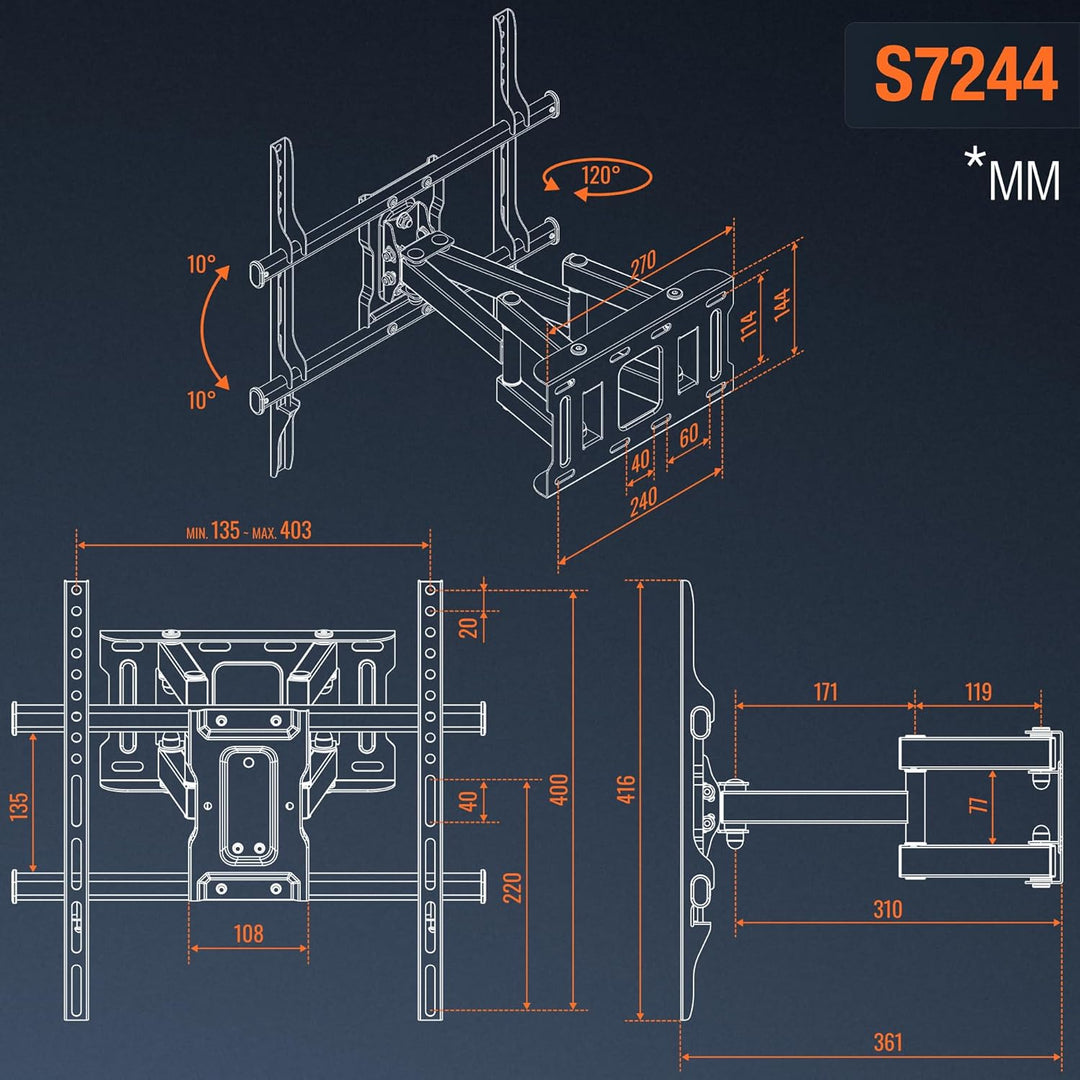RICOO TV Wandhalterung Fernseher Schwenkbar Neigbar für 32-65 Zoll, Universal TV Halterung S7244, Fe