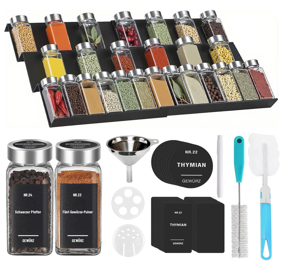 120ml Gewürzgläser Set 24-teilig mit 6 Stapelbar Gewürzregal für Schublade, Gewürzdosen mit 300 Etik