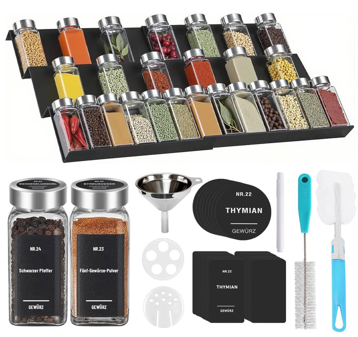 120ml Gewürzgläser Set 24-teilig mit 6 Stapelbar Gewürzregal für Schublade, Gewürzdosen mit 300 Etik