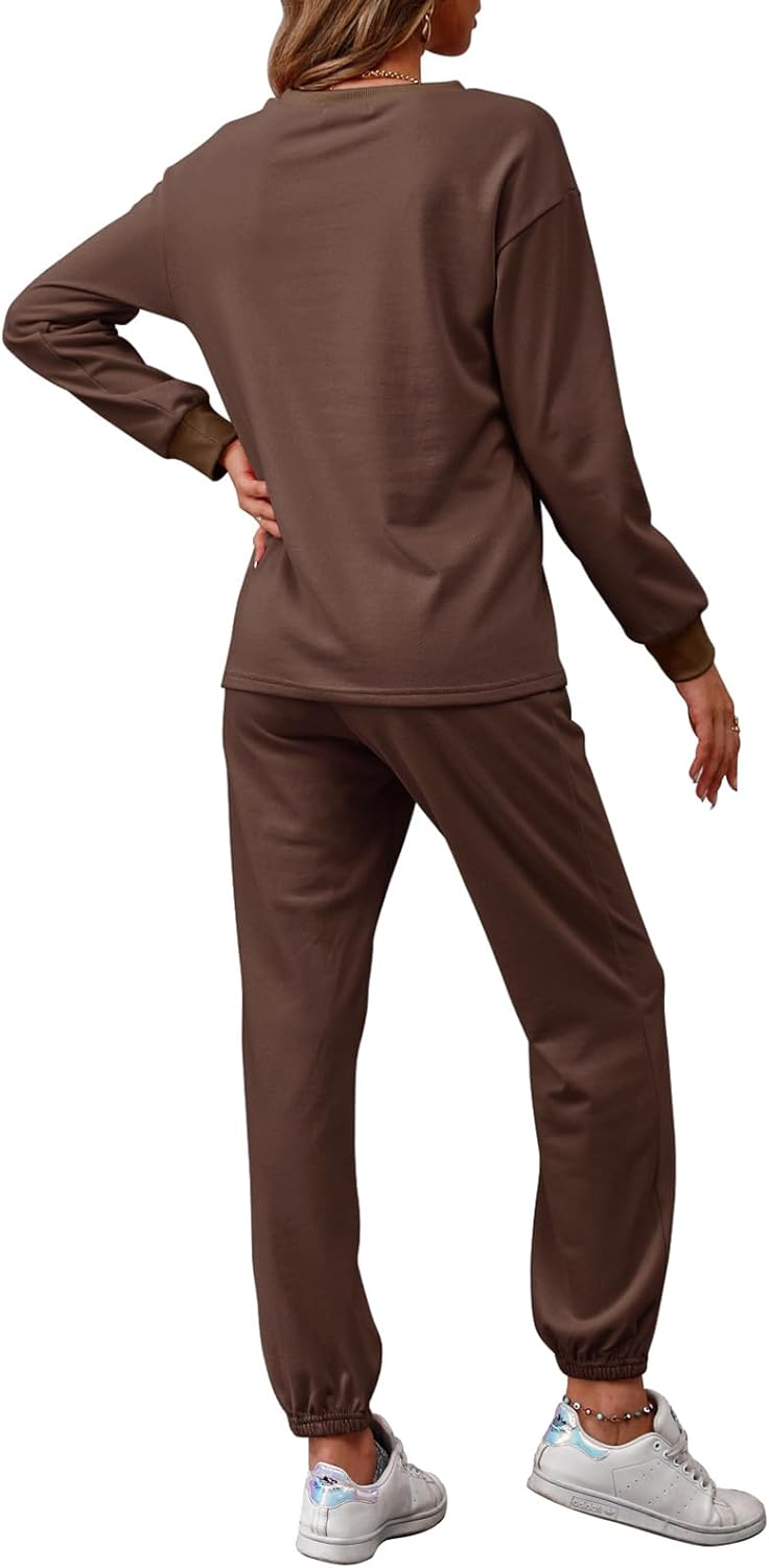 REORIA Damen Tracksuit Langarm Rundhalsausschnitt Einfarbig Zweiteiler Outfit Hoodie Jogger Training
