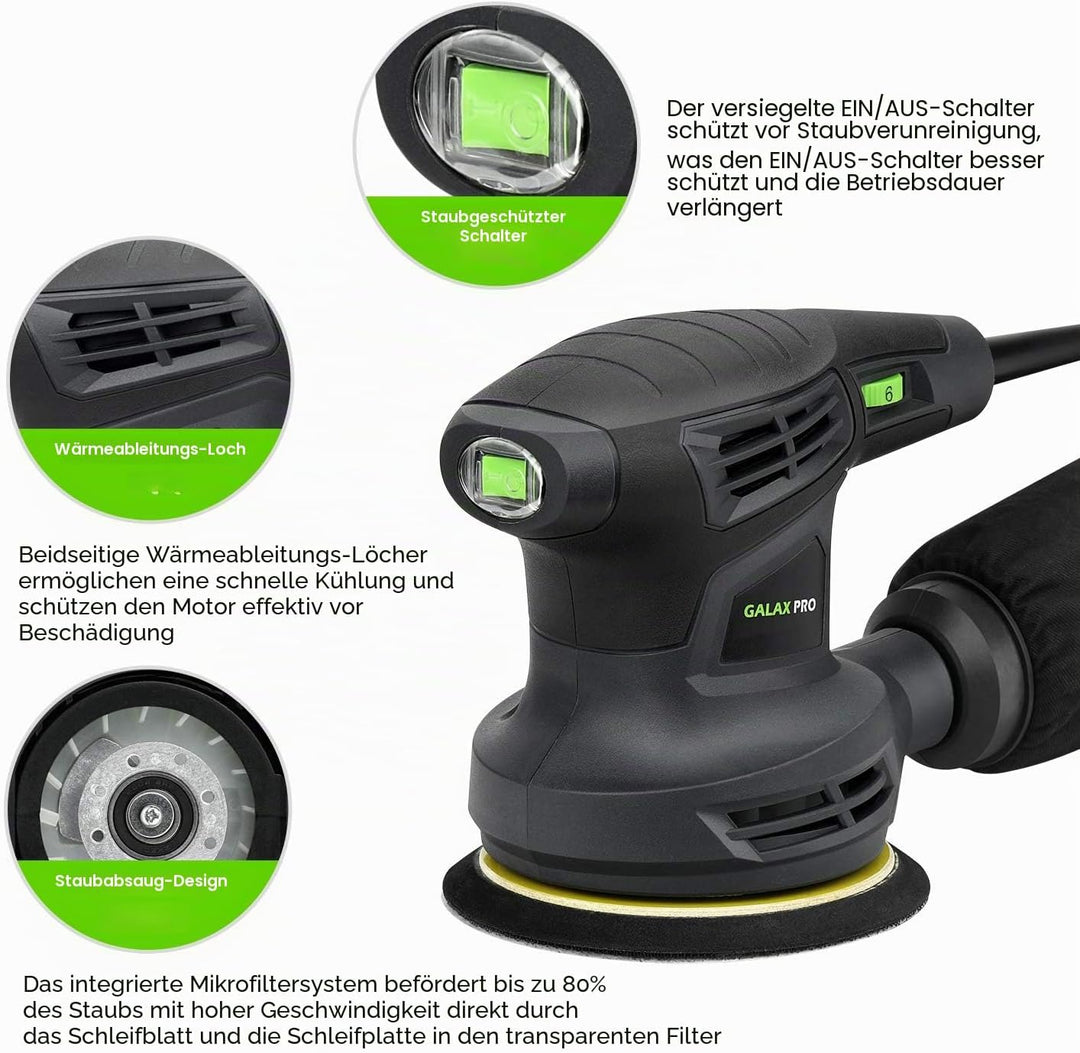 GALAX PRO Rundschleifer, 280 W, 6 Geschwindigkeiten, 6000-13000 U/min, 15 Stück 125 mm, Schleifschei