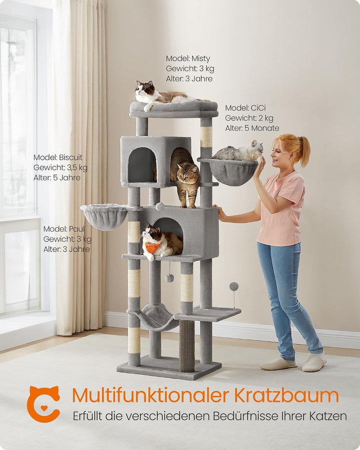 Feandrea Kratzbaum, 175 cm hoch, XL, mehrstöckiger Katzenbaum mit 2 Höhlen, 2 Liegemulden, 5 Kratzsä