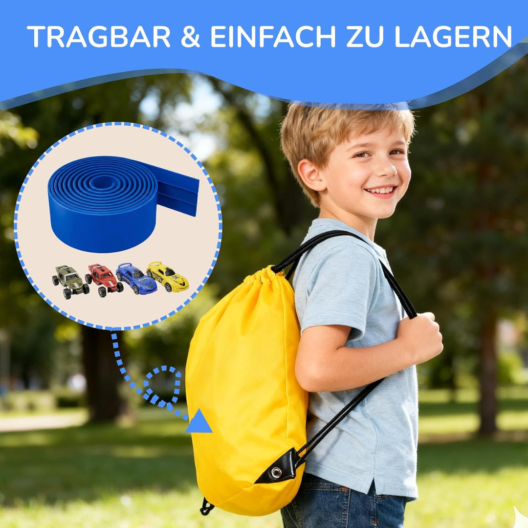 3-Spur Flexible Autorennbahn Set mit 2 Loopings (5M), Rennbahn mit Autos & Tragtasche, Schwerkraft &