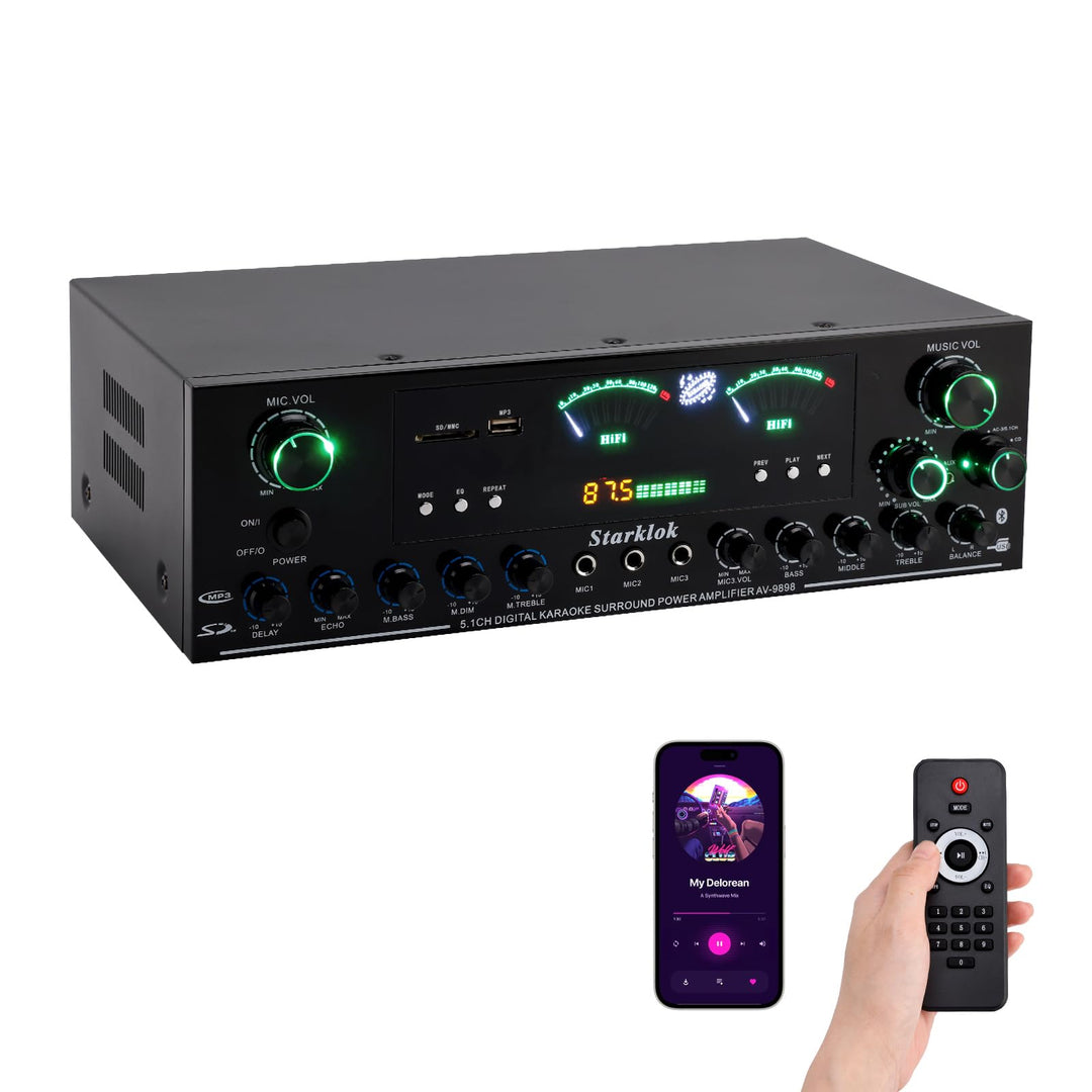 3000W Spitzenleistung 5.1-Channel HiFi Stereo Verstärker, Subwoofer Heimkino Verstärker mit Bluetoot