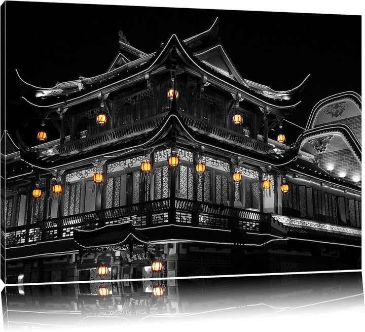 Dark traditionelles chinesisches Haus schwarz/weiss auf Leinwand, XXL riesige Bilder fertig gerahmt