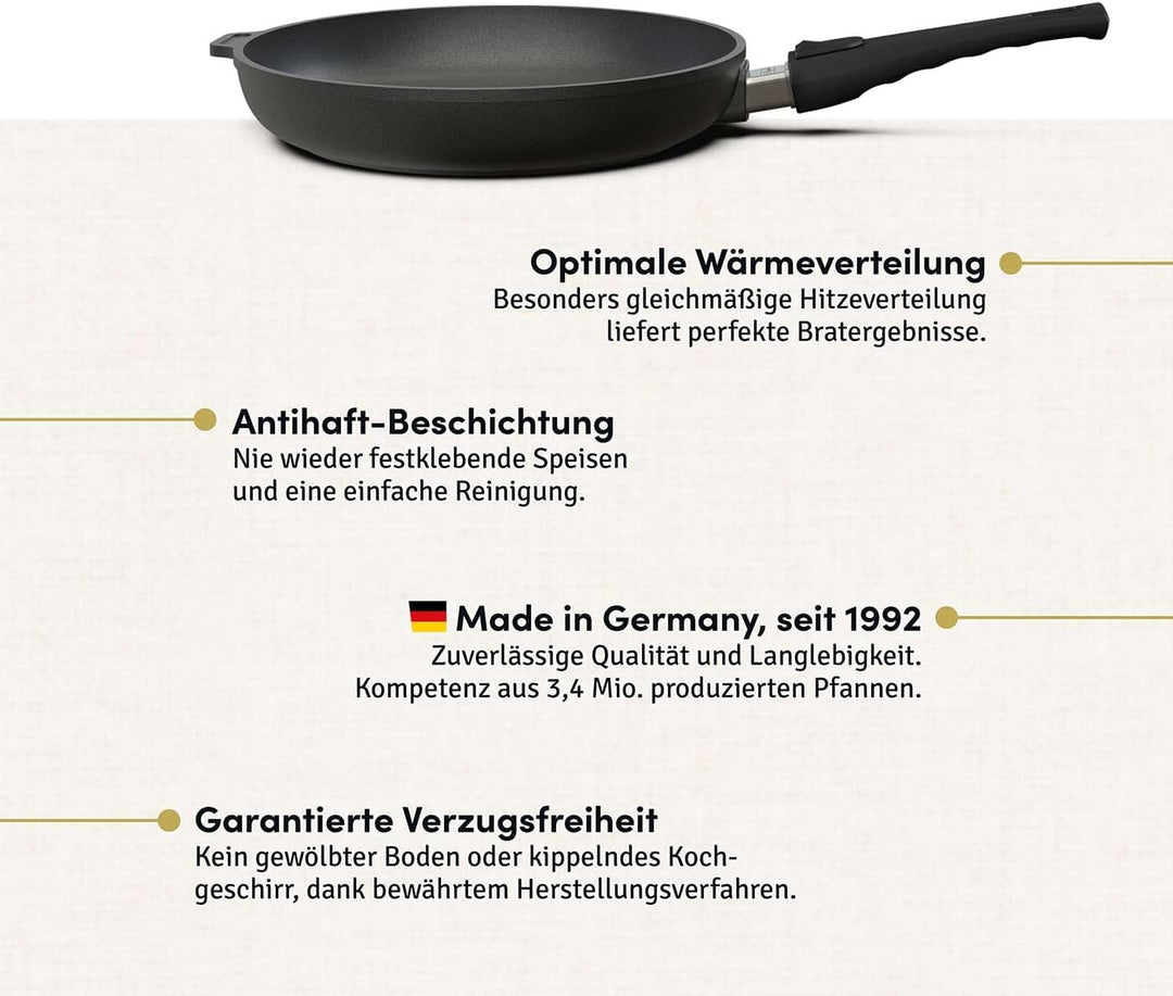 Hoffmann Aluguss Bratpfanne 28 cm Induktion mit Deckel 4,5 cm Innenhöhe I Made in Germany I Hoher Ra