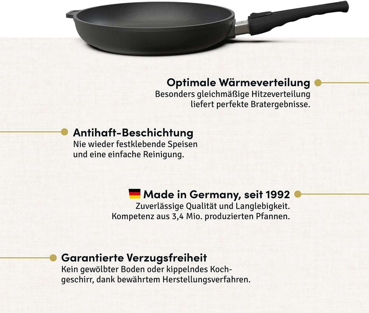 Hoffmann Aluguss Bratpfanne 28 cm Induktion mit Deckel 4,5 cm Innenhöhe I Made in Germany I Hoher Ra