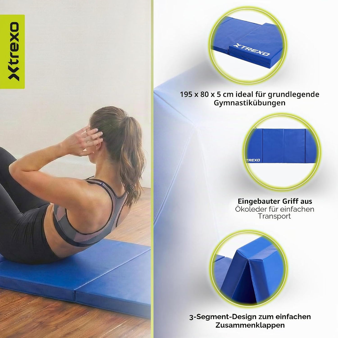TREXO Faltbare Gymnastikmatratze - 3-teilig, abriebfester Öko-Lederbezug, flexibler PE-Schaum, Trage