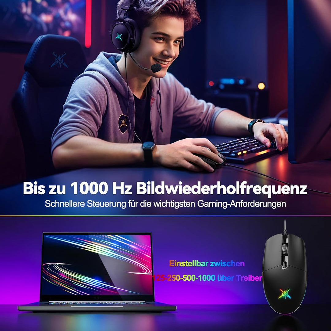 TECKNET RGB Gaming Maus mit Kabel, 10000 DPI Kabelgebundene Mäuse mit 6 Programmierbare Tasten und A