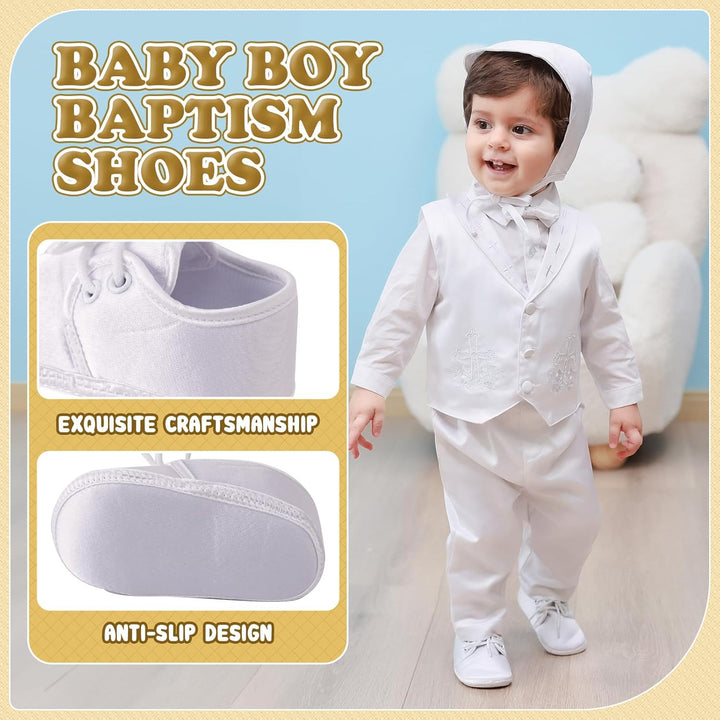 Booulfi Baby Jungen Schuhe Neugeborene Wihte Schuhe für Kleinkind Taufe Schuhe und Socken Set 0-18M,