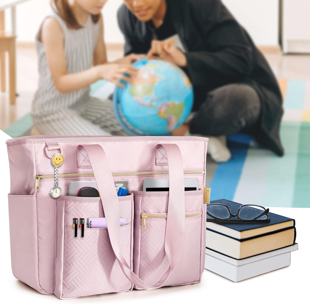 Fasrom Teacher Arbeitstasche mit Fächern für Laptop, Grosse Laptoptasche für Lehrer Rosa, Rosa