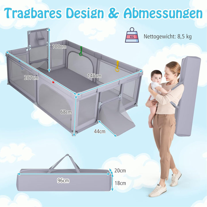 DREAMADE Laufstall baby, Laufgitter mit Matratze & Basketballkorb & Zugring, Schutzgitter mit Rutsch
