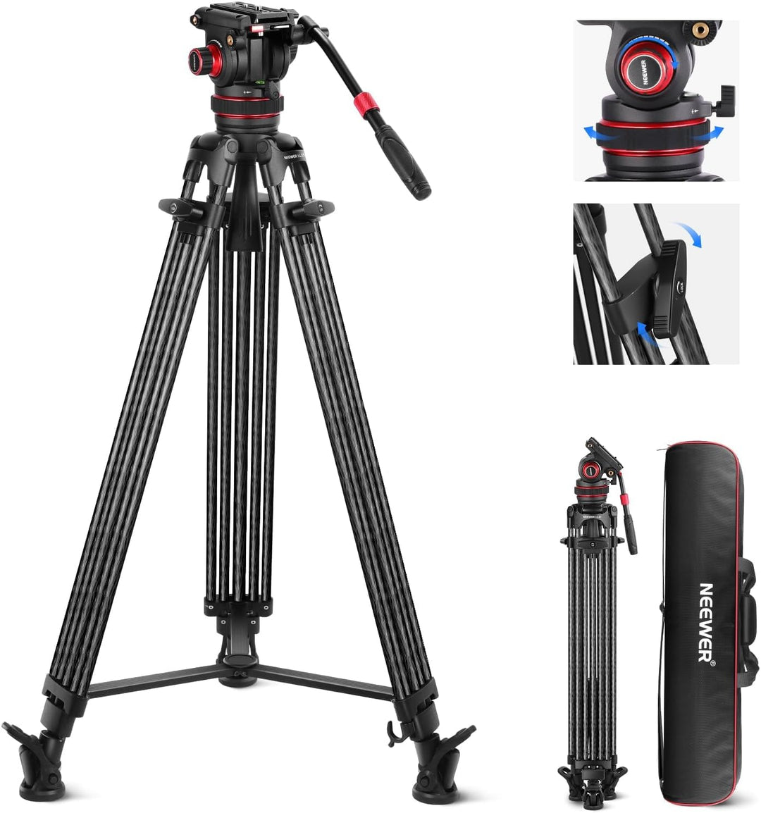 NEEWER 78" Video Tripod Kohlefaser, EIN Schritt Schnellspanner Kamera Stativ mit Einstellbarer Dämpf