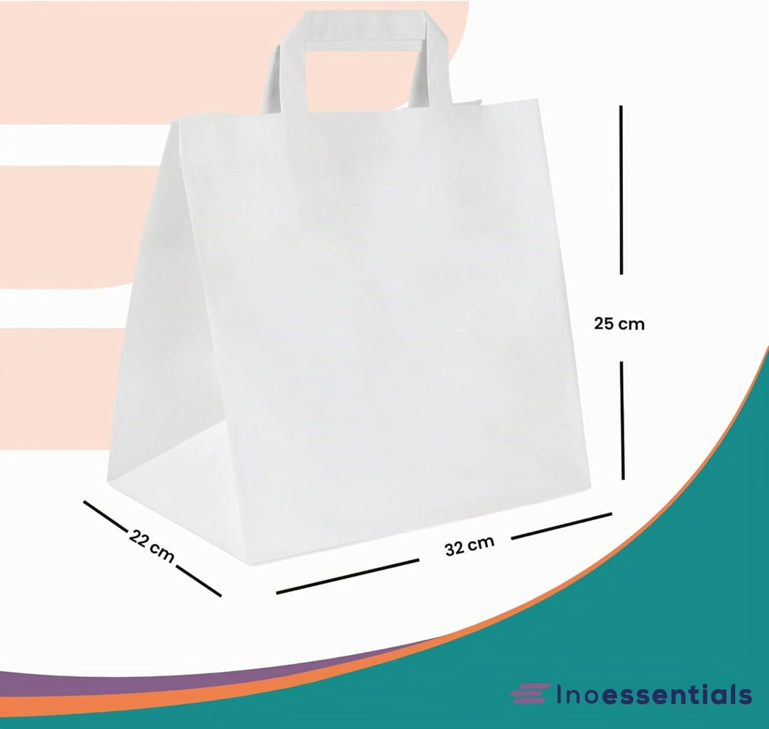 Inoverse 250 Stück Papiertragetaschen, Geschenktüten, 32+22x25 cm Papiertüten mit Henkel, Weiss Kraf