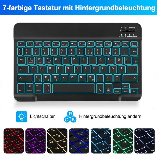 SOPPY Samsung Galaxy Tab S8/Tab S7 Hülle mit Tastatur, Kabellose 7-Farbige Beleuchtung Tastatur Hüll