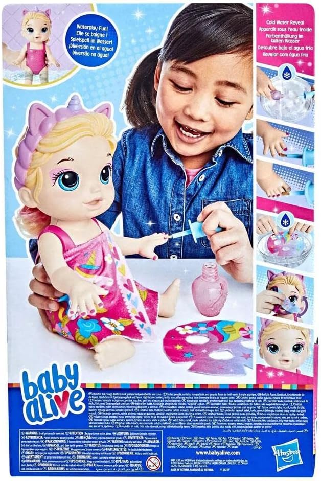 Baby Alive F3564 Baby Beauty Babypuppe, 32,5 cm, Einhorn-Motiv, magisches Make-up und Nägel, Blondes