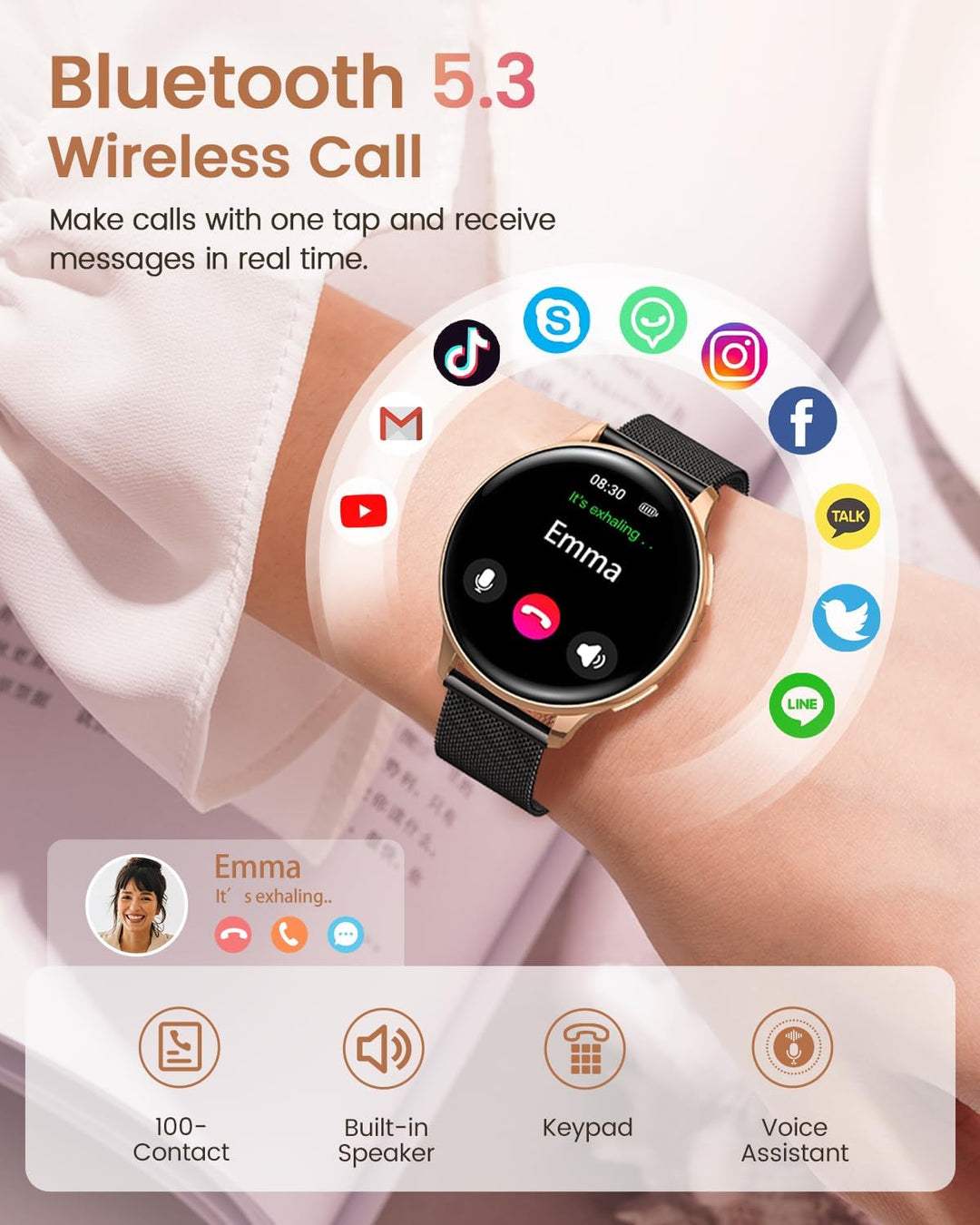 RUXINGX Smartwatch Damen, 1.27" Smart Watch Rund mit Telefonfunktion, 24H SpO2 Pulsuhr, Fitnessuhr m