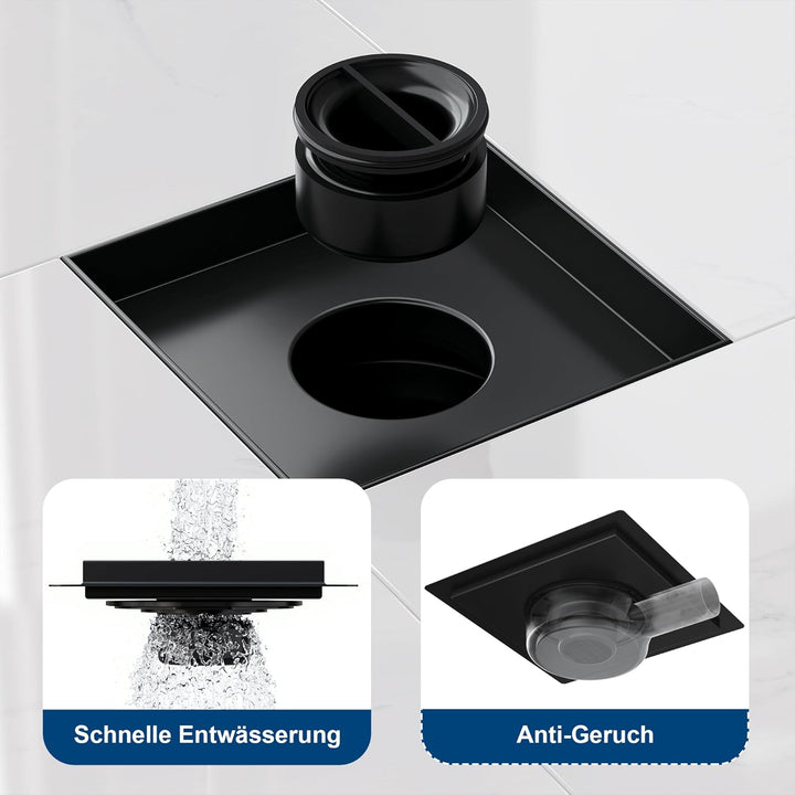 Neodrain Bodenablauf Edelstahl Duschrinne Quadrat Schwarz 20 x 20 cm Duschablauf mit 360° Siphon Ger