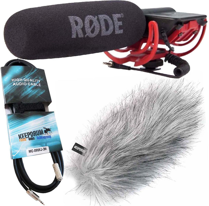 Rode Videomic Rycote Richtmikrofon Kameramikrofon + keepdrum WS-WH Fell-Windschutz + keepdrum Verlän