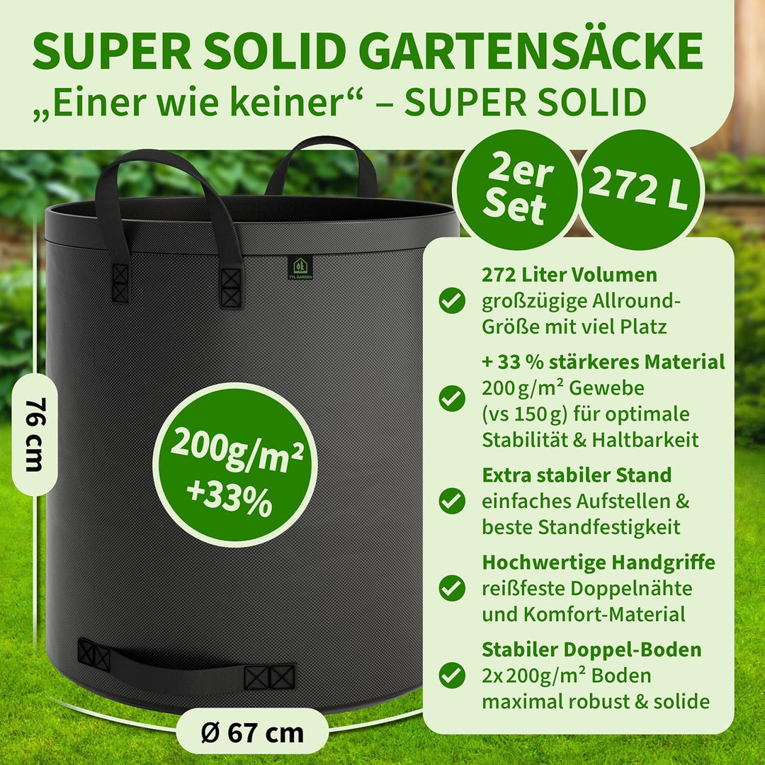 TTL Garden 2x 272L SUPER SOLID Gartensack grau - DOPPELTER BODEN 2x200 gsm extra stabil & reissfest