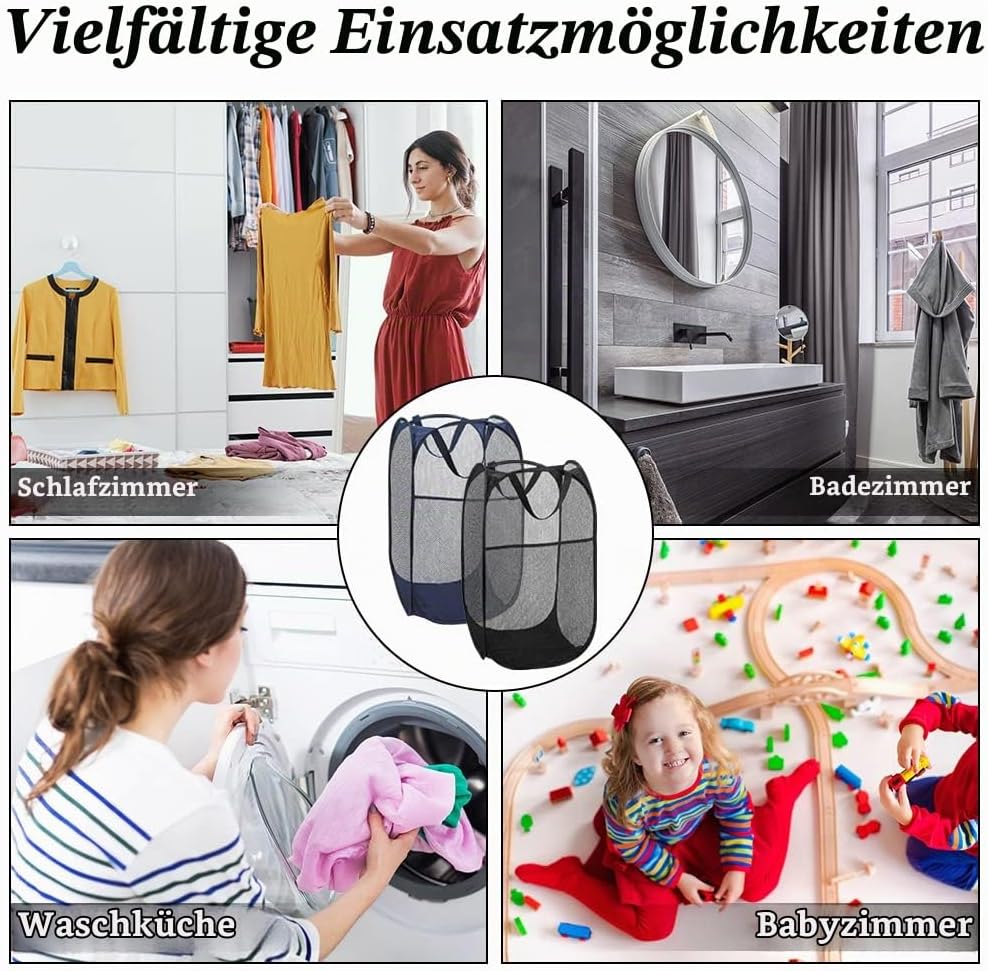4Pcs Mesh Falten Wäschekörbe, 75L grosse Pop-up Wäsche Hamper Bins zusammenklappbar mit Griffen und