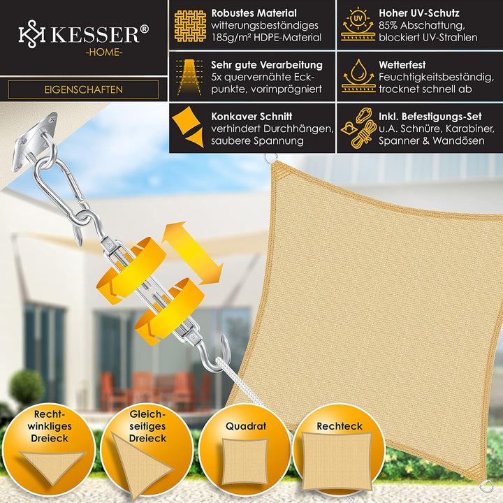 KESSER® Sonnensegel Sonnenschutz Windschutz | HDPE Gewebe | wasserabweisend &amp; windabweisend | Quadra