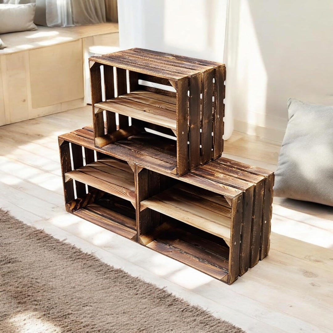 Teramico Holzkisten Obstkisten Weinkisten geflammt dunkel 50 x 40 x 30cm in tollen Set-Angeboten als