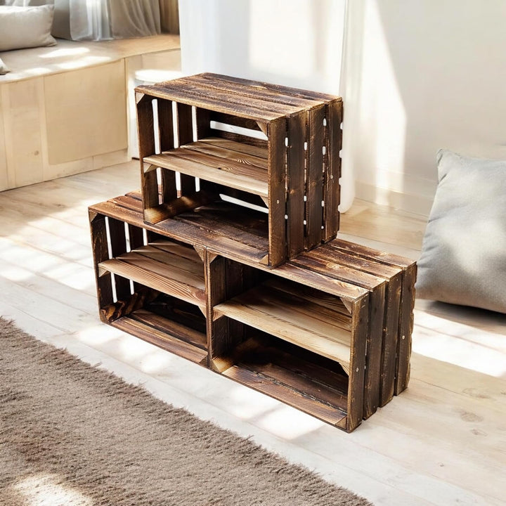 Teramico Holzkisten Obstkisten Weinkisten geflammt dunkel 50 x 40 x 30cm in tollen Set-Angeboten als