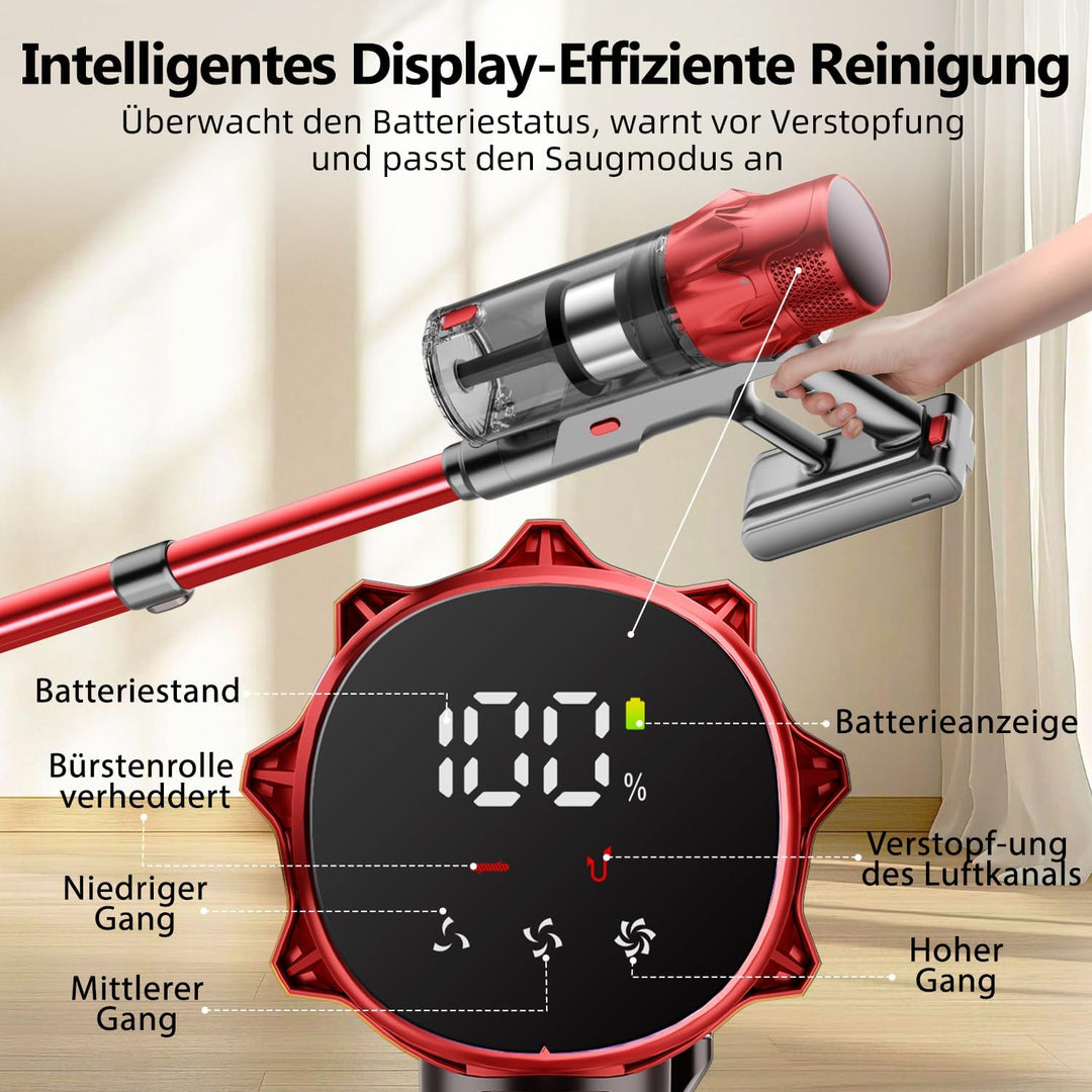 Akku Staubsauger, 65kPa/70Min Staubsauger kabellos, 1.8L Staubbehälter, 8-stufiges Filtersystem, LED