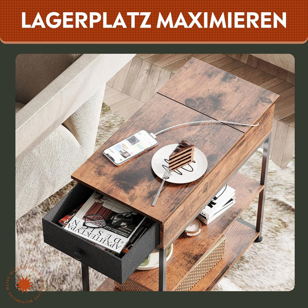 WLIVE Beistelltisch Schmal, 3 Ablagen Nachttisch mit Ladestation und Ablagefläche, Flip-Top Sofatisc