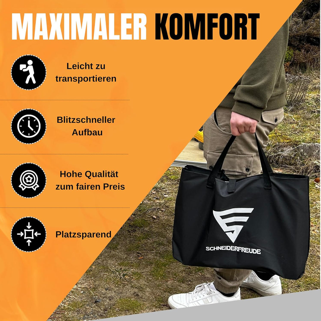 SCHNEIDERFREUDE Klappgrill 2.0: Höhenverstellbarer Camping-Grill mit Doppelfunktions-Zangen & Tasche