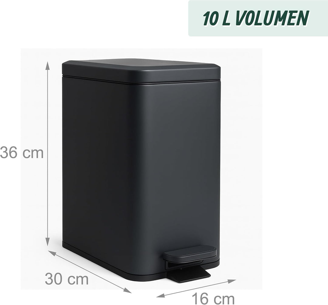 Relaxdays Mülleimer, 10 Liter, 16 cm schmal, Softclose, Pedal, Inneneimer, Küche & Bad, Matter Abfal