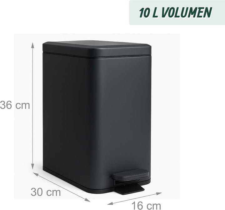 Relaxdays Mülleimer, 10 Liter, 16 cm schmal, Softclose, Pedal, Inneneimer, Küche & Bad, Matter Abfal
