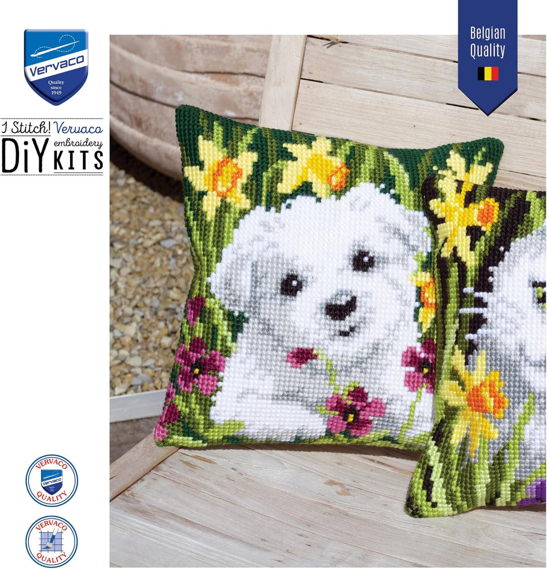 Vervaco Westie mit Osterglocken Kreuzstichkissen/Stickkissen vorgedruckt, Baumwolle, Mehrfarbig, 40