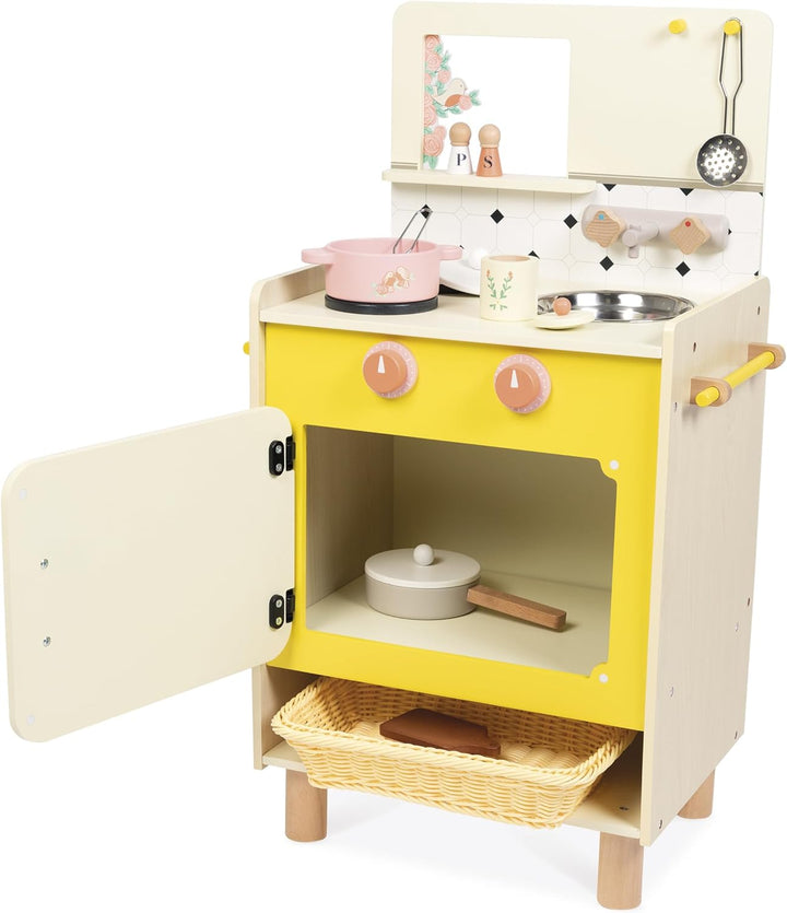 Janod - Kinderküche aus Holz - Ausgestattet mit Backofen, Spüle und 11 Zubehörteilen - Sonore Drehkn