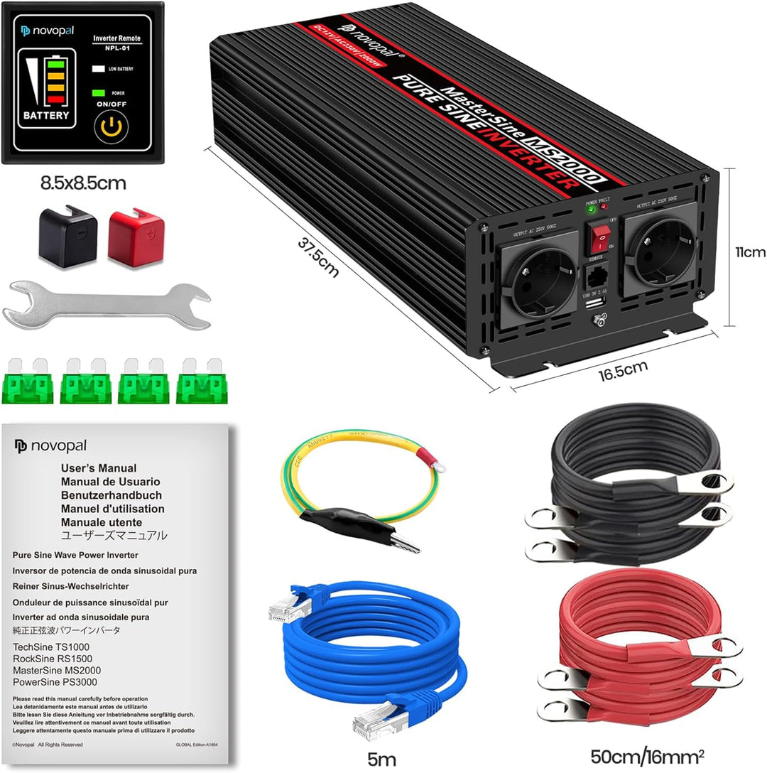 NOVOPAL 2000W KFZ Reiner Sinus Spannungswandler-Auto Wechselrichter 12v auf 230v Umwandler-Inverter