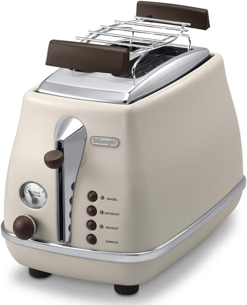 De'Longhi Toaster Icona Vintage CTOV2103.BG - 2-Schlitz-Toaster mit Brötchenaufsatz, Edelstahl in el