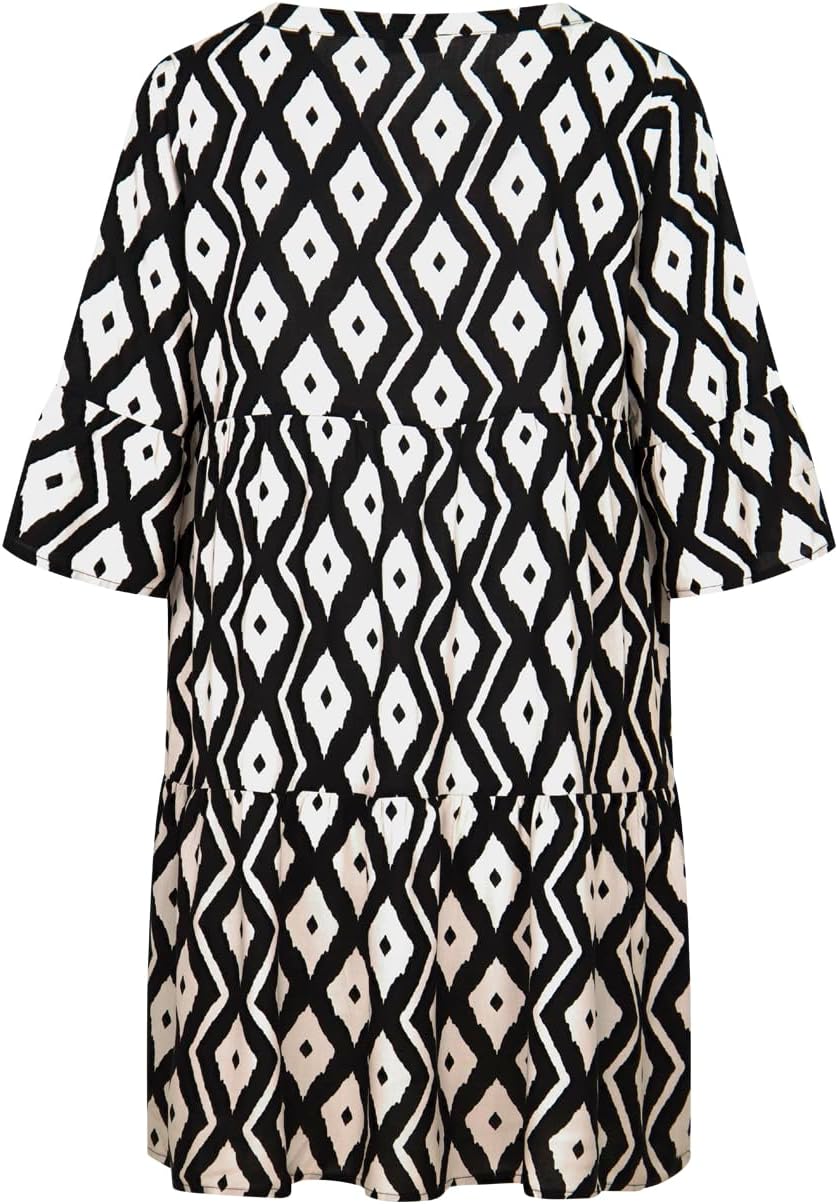 DENIMFY Sommerkleid Damen Knielang A Linie DFFrida 3/4 Ärmel Strandkleid Boho Tunika Kleid Sommer Mi