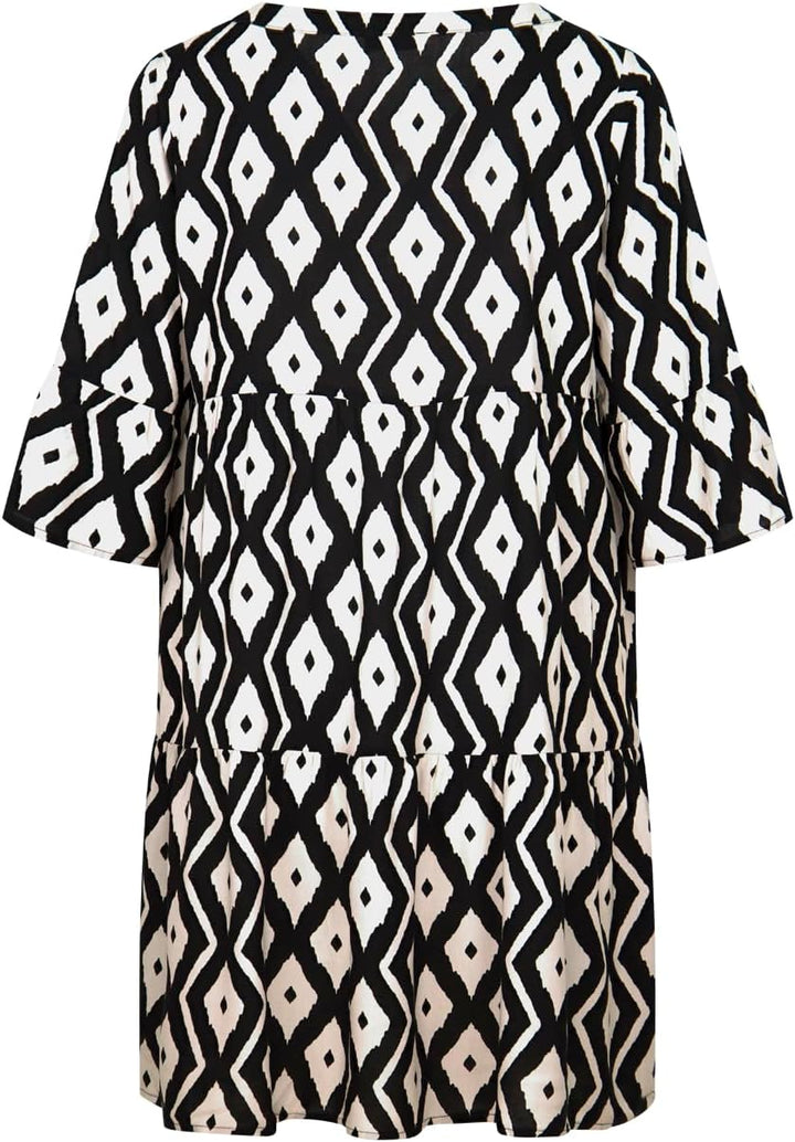 DENIMFY Sommerkleid Damen Knielang A Linie DFFrida 3/4 Ärmel Strandkleid Boho Tunika Kleid Sommer Mi